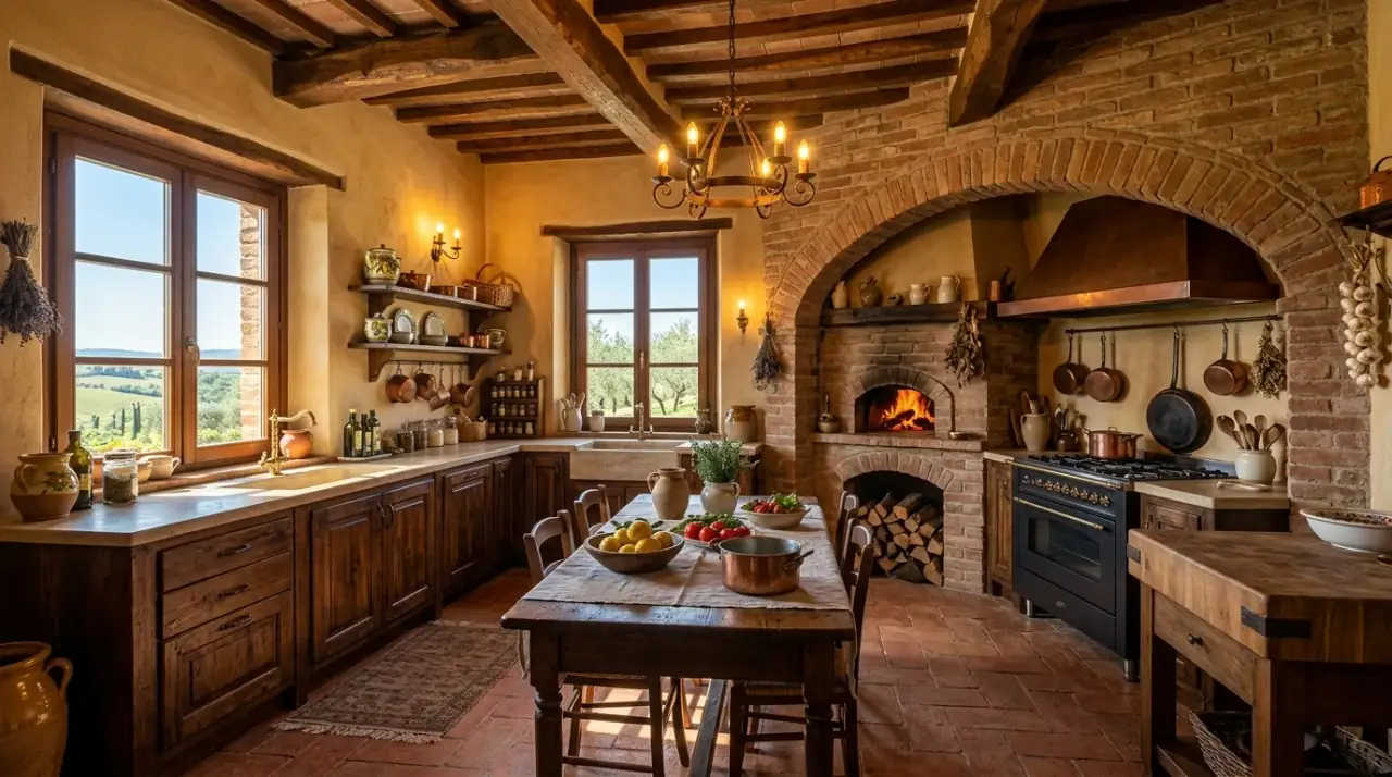 Wood cabinets Mediterranean kitchen. Warm timber cabinetry grounding a bright Mediterranean kitchen.