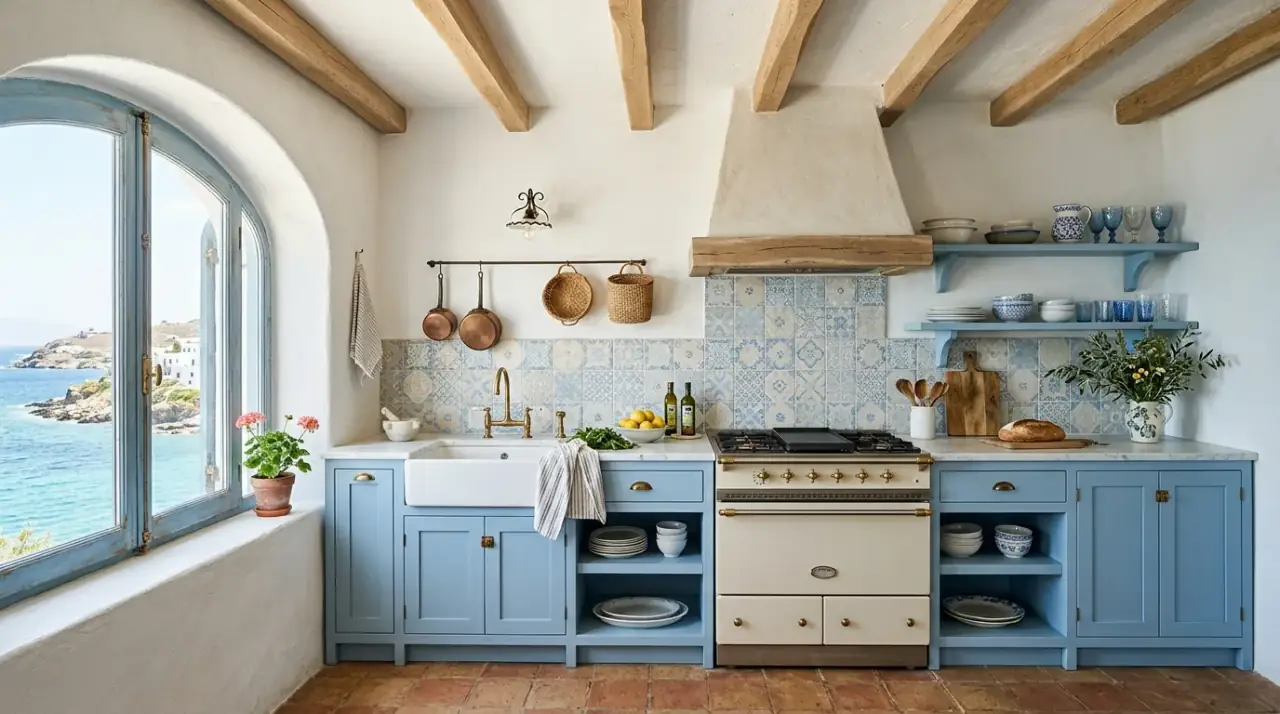 Stone countertop Mediterranean kitchen. Natural stone counters adding earthy refinement to the kitchen.
