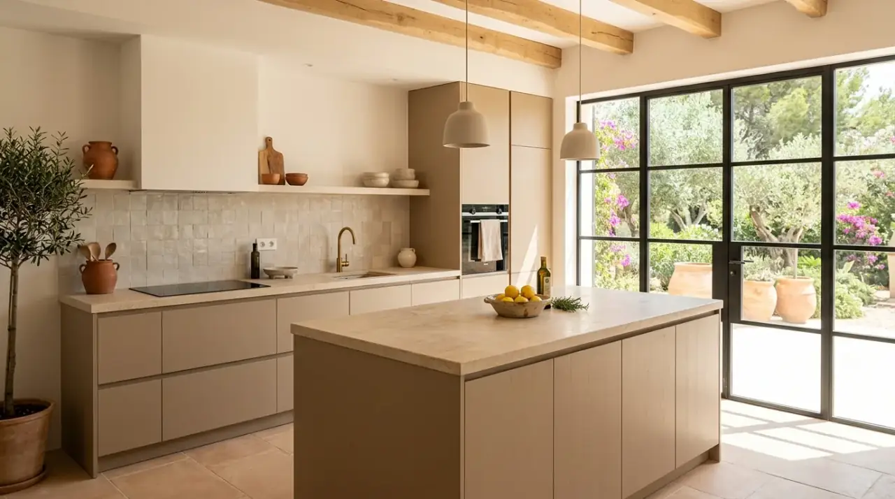 Open shelves Mediterranean kitchen. Warm open shelving with pottery and pantry essentials in the kitchen.