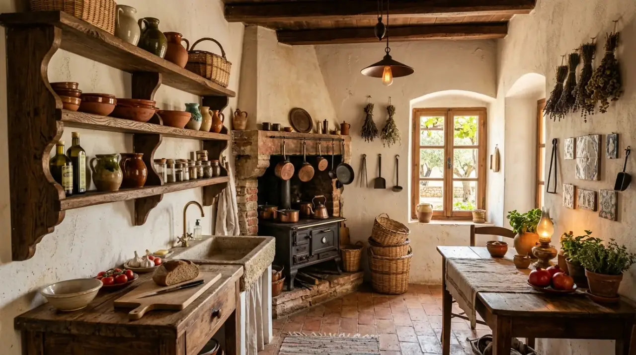 Mediterranean farm table kitchen. Communal table bringing warmth and ease to the center of the kitchen.