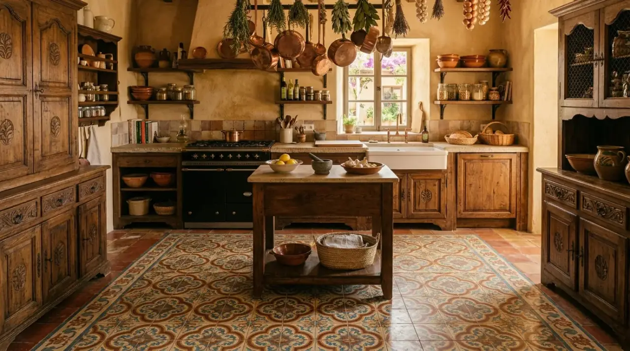 Mediterranean kitchen colors. Earthy olive and ochre tones shaping a sun-washed kitchen palette.