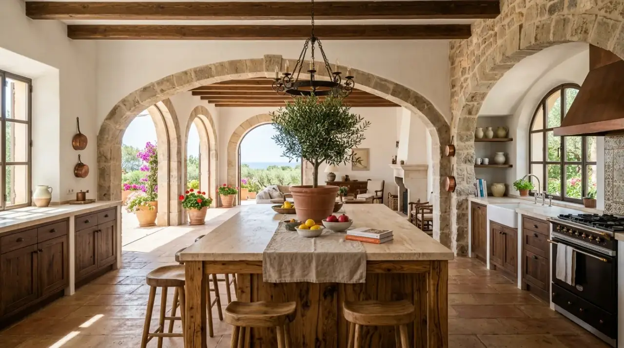 Woven light Mediterranean kitchen. Natural textured pendants softening a bright Mediterranean kitchen.
