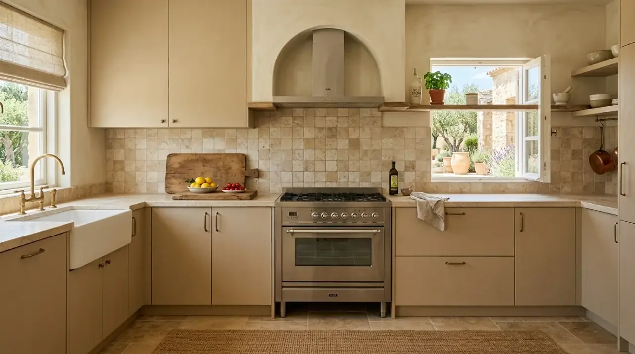 Sunlit Mediterranean kitchen. Natural light shaping the mood of a warm Mediterranean cooking space.