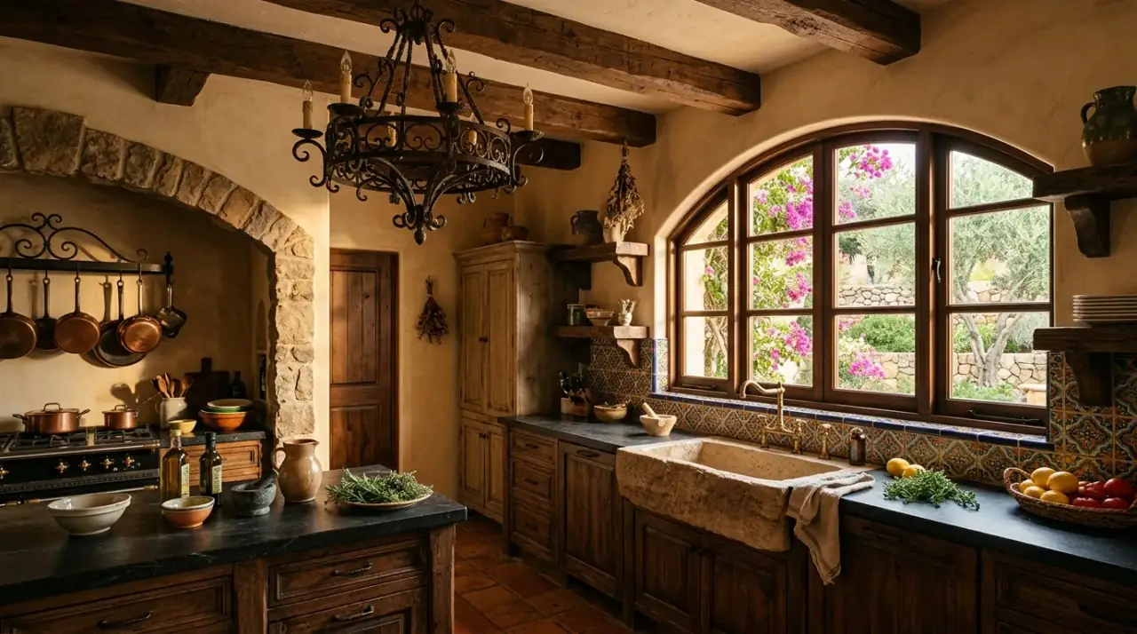 Mediterranean kitchen materials. Natural finishes and simple details giving the kitchen timeless warmth.