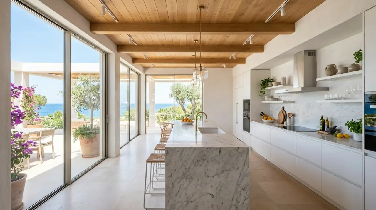 Mediterranean kitchen overview. Sun-drenched kitchen design balancing warmth, texture, and relaxed daily use.
