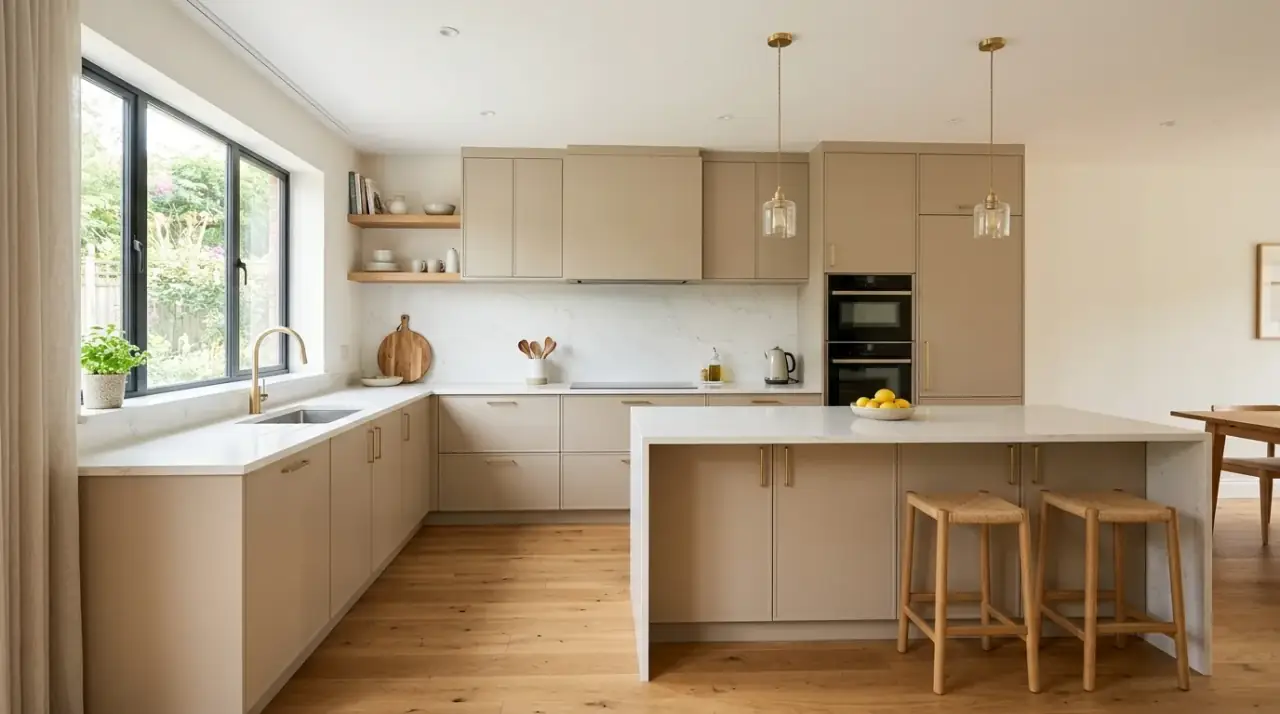 Warm modern beige kitchen creating a neutral sophisticated look with soft layered materials.