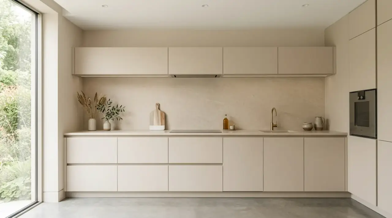 Beige kitchen with wood. Sophisticated beige kitchen balanced by natural wood details.