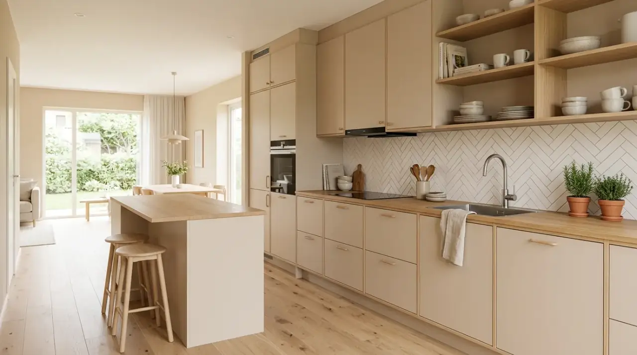 Modern beige cabinets. Warm modern kitchen with beige cabinetry and clean contemporary lines.