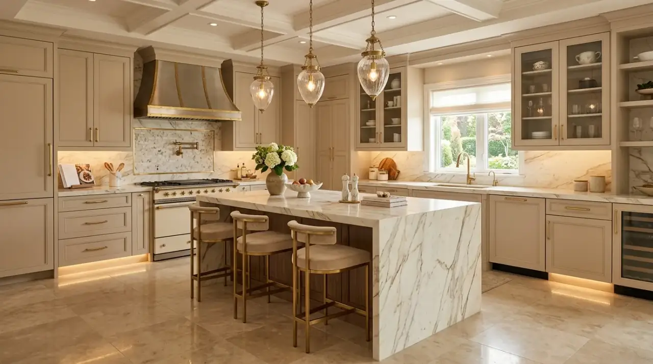 Beige kitchen with veined stone. Neutral sophisticated kitchen using soft veined stone surfaces.