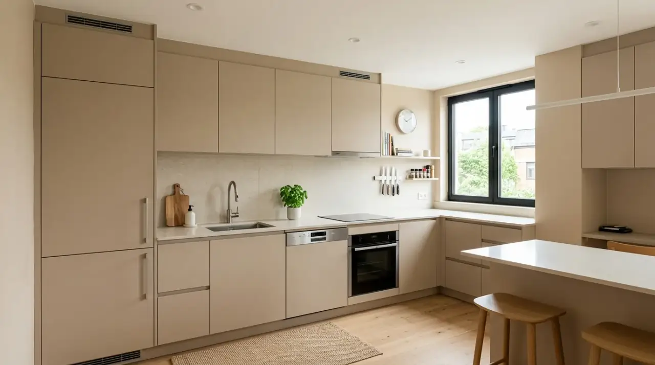 Matte beige kitchen finishes. Warm modern beige kitchen with soft matte finishes and texture.