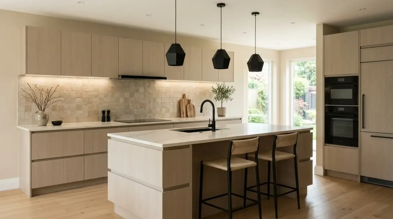 Beige kitchen with black accents. Sophisticated beige kitchen sharpened by restrained black accents.