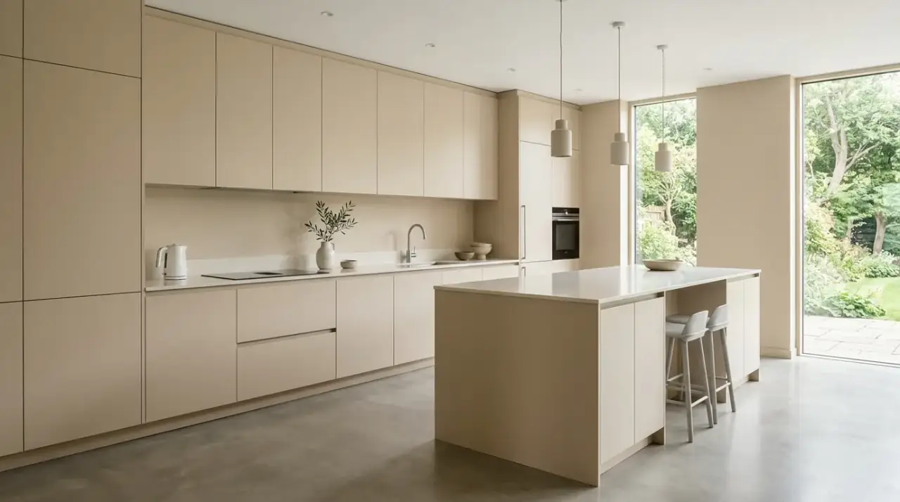 Textured beige kitchen backsplash. Warm beige kitchen with a textured backsplash for depth.