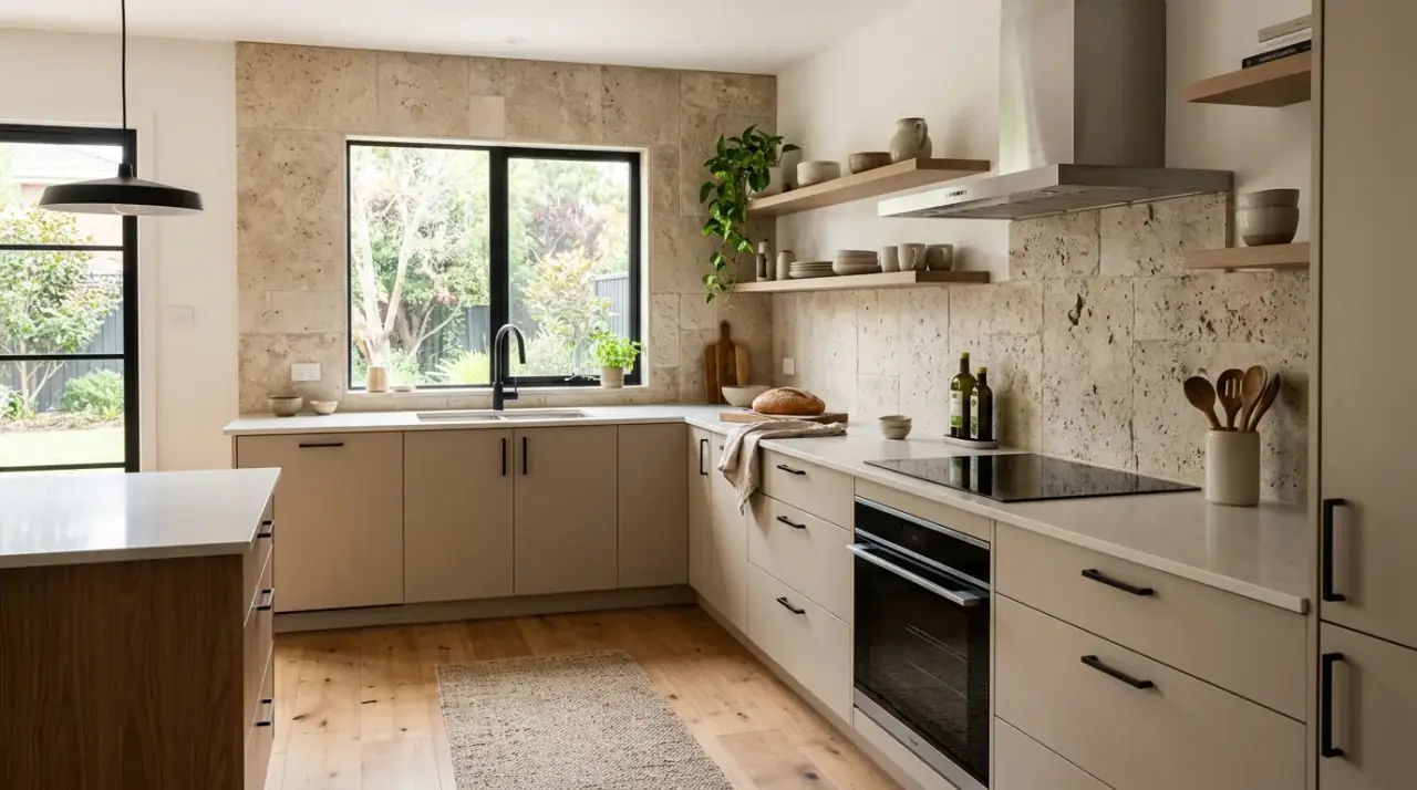 Minimal decor beige kitchen. Warm modern beige kitchen styled with restrained tactile decor.