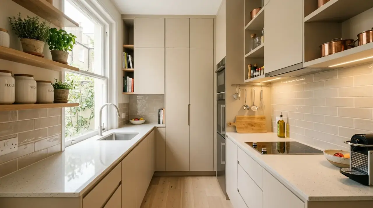 Small modern beige kitchen. Compact kitchen using warm beige for a soft sophisticated look.