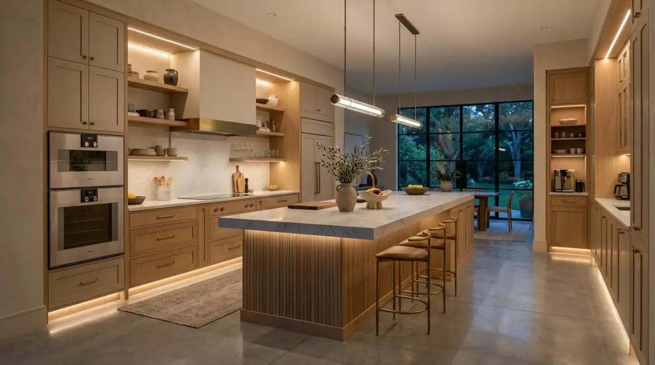 Beige island focal point. Warm modern beige kitchen with a slightly deeper island tone.