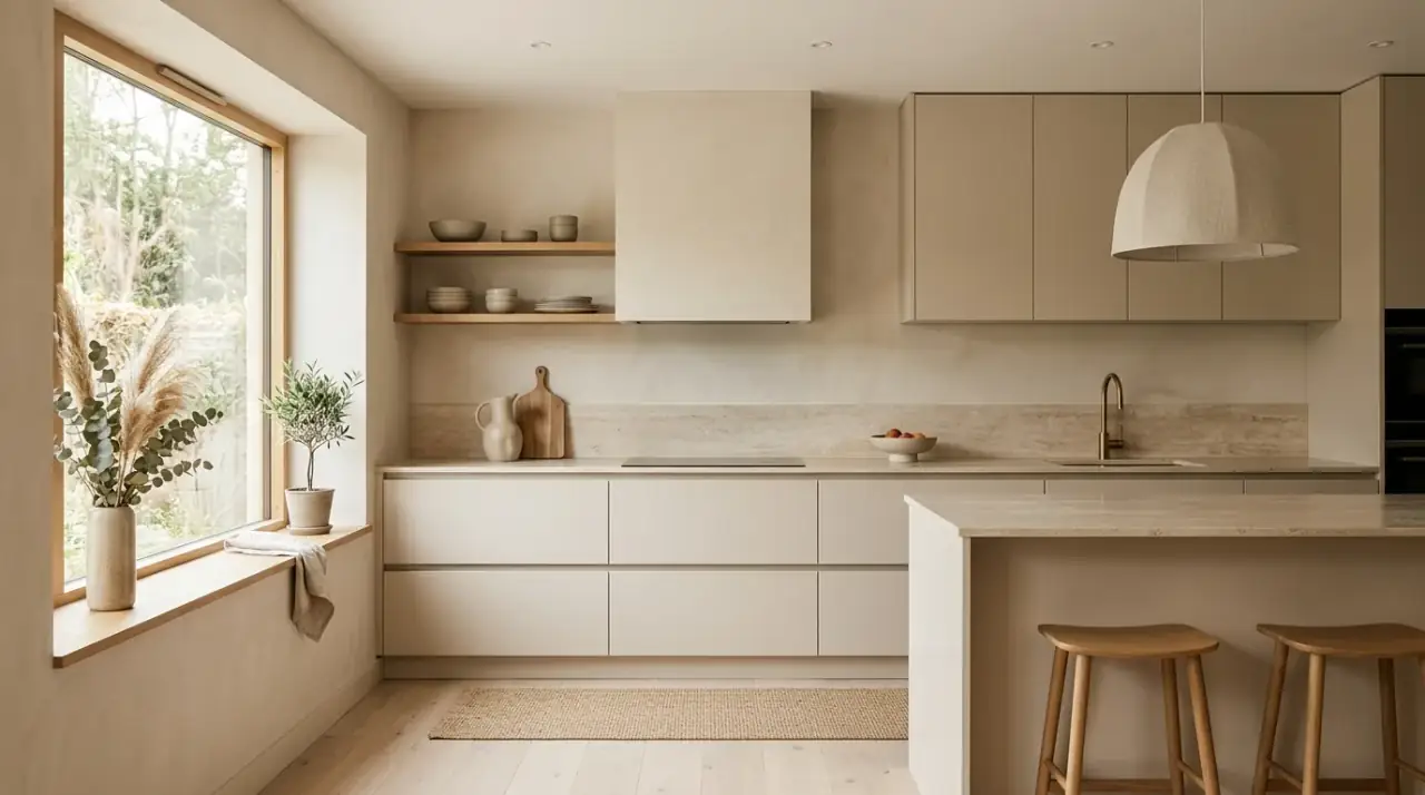 Beige kitchen overview. Warm modern beige kitchen creating a neutral sophisticated look.