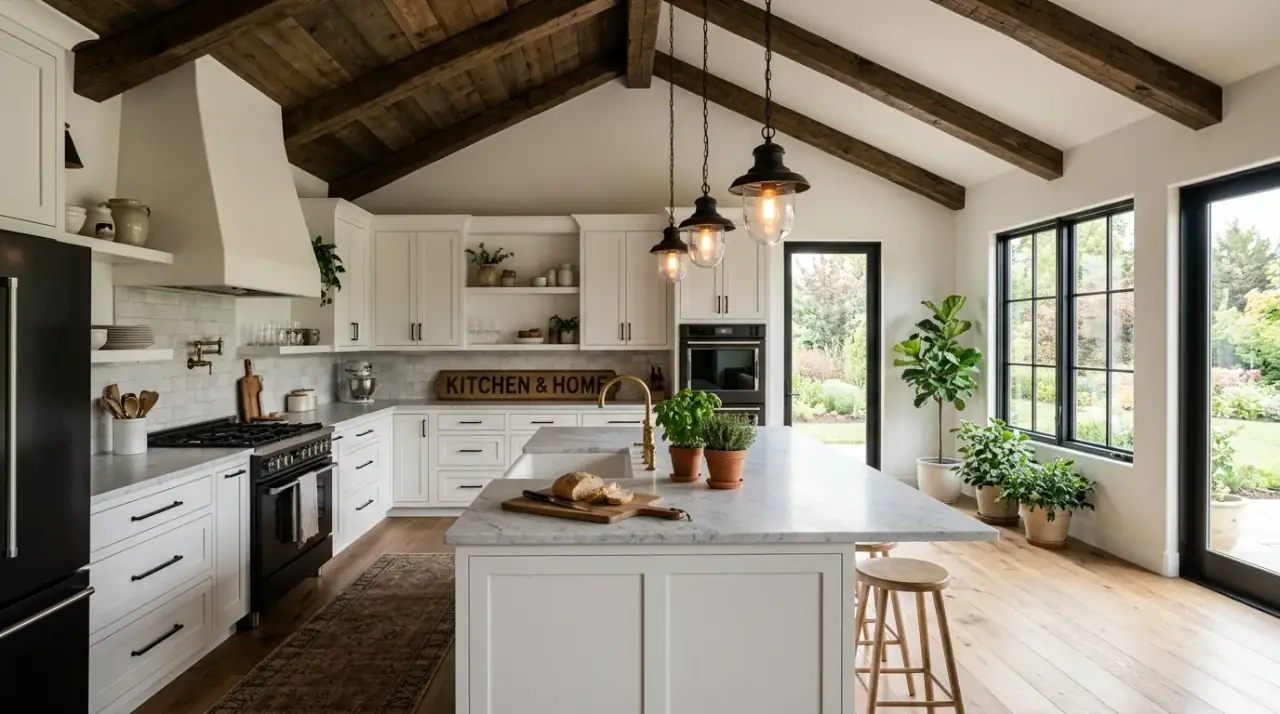 Warm modern farmhouse kitchen design with rustic contemporary style and inviting natural materials.