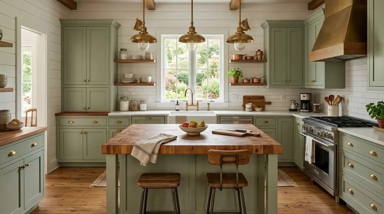 Farmhouse kitchen with wood beams. Natural overhead timber adding rustic warmth to a modernized layout.
