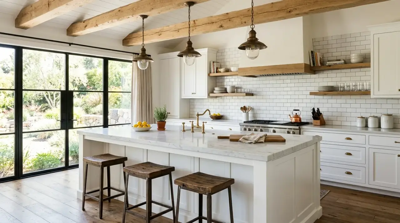 Modern farmhouse island. Large central island supporting family use and rustic contemporary style.