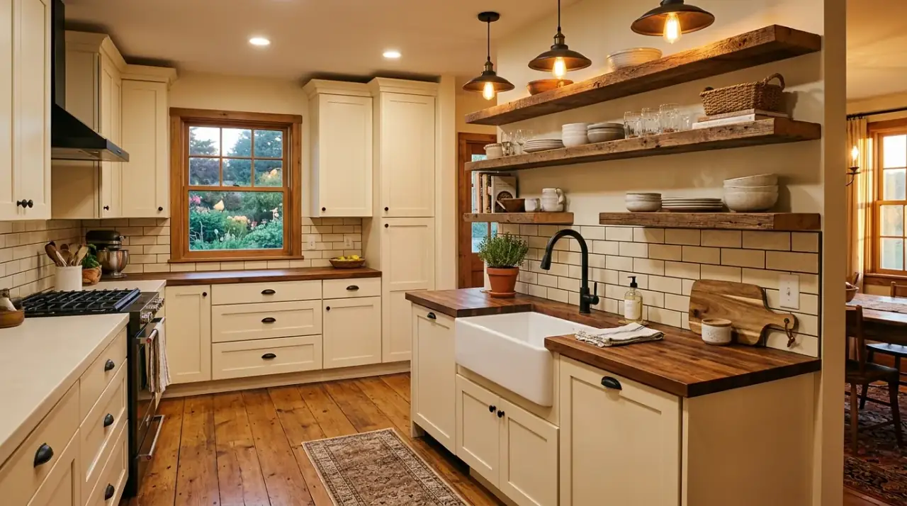 Farmhouse kitchen mixed metals. Layered hardware and lighting finishes updating a warm rustic kitchen.