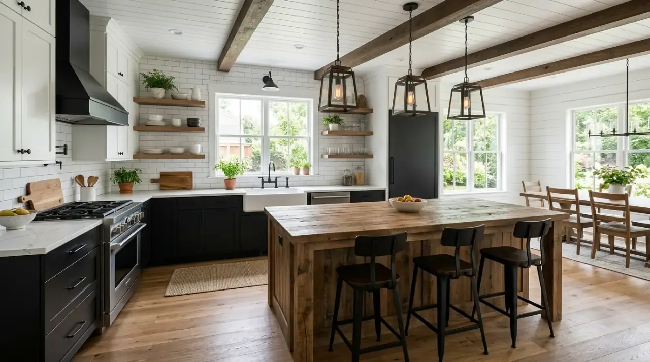 Open shelves in farmhouse kitchen. Curated everyday pieces adding warmth to a modern farmhouse wall.