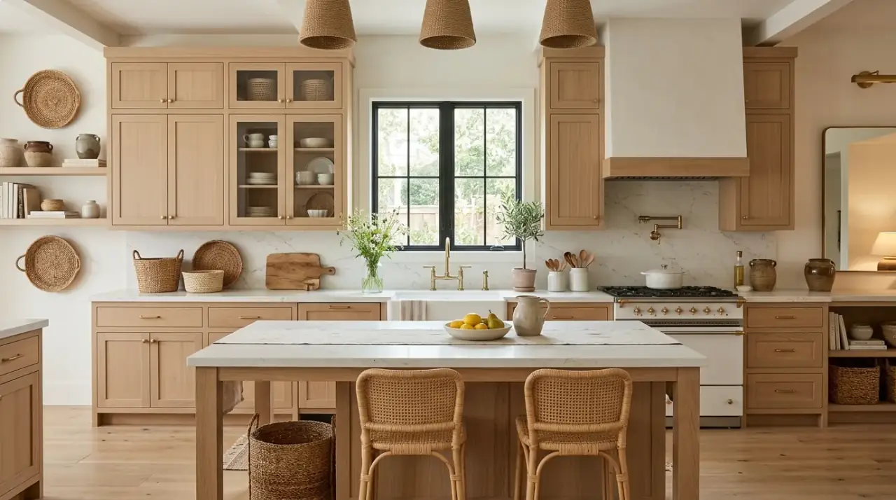 Honed stone farmhouse kitchen. Soft-finish counters supporting a rustic contemporary material palette.