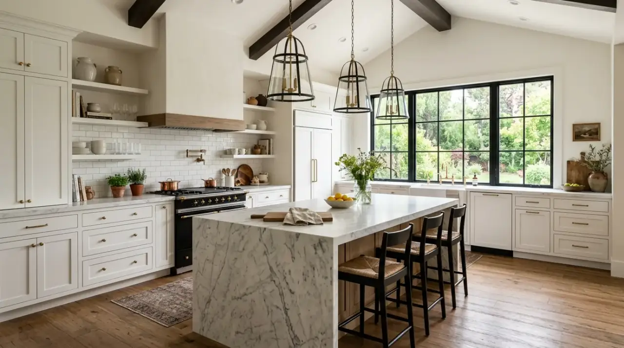 Greige island farmhouse kitchen. Muted painted centerpiece adding depth to a warm country-modern palette.