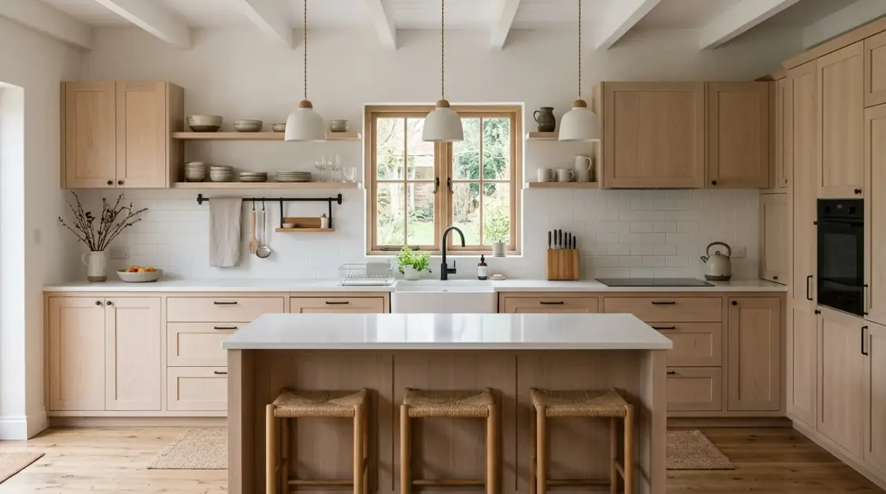 Wood stools farmhouse kitchen. Natural seating adding casual warmth to a rustic contemporary island.