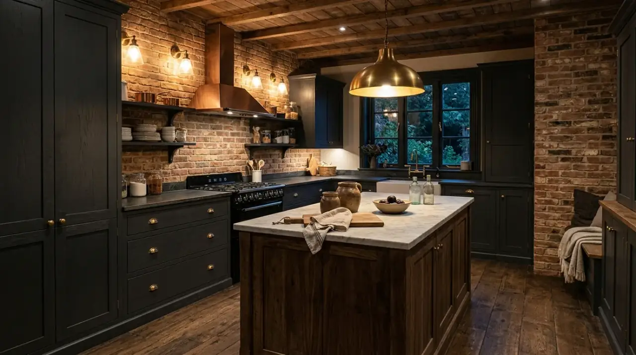 Handmade subway tile farmhouse kitchen. Softly varied backsplash bringing depth to a warm farmhouse cookspace.