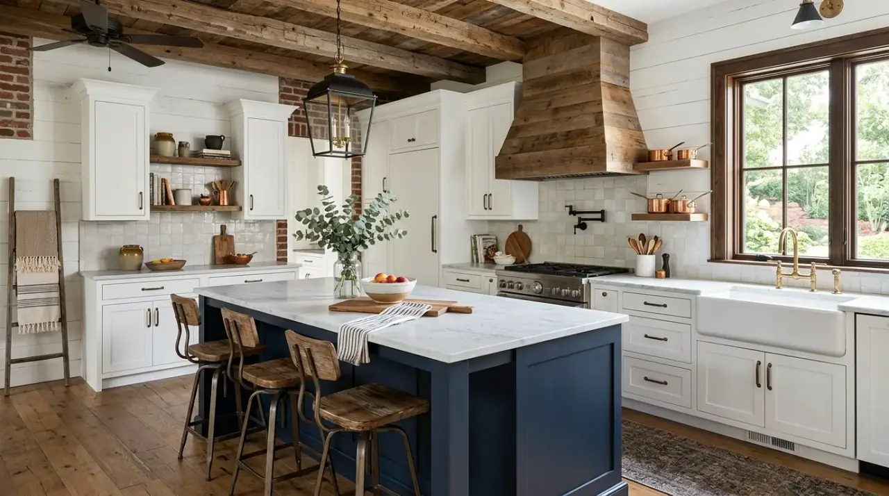 Black accents farmhouse kitchen. Sharp hardware and fixtures updating a soft rustic kitchen palette.