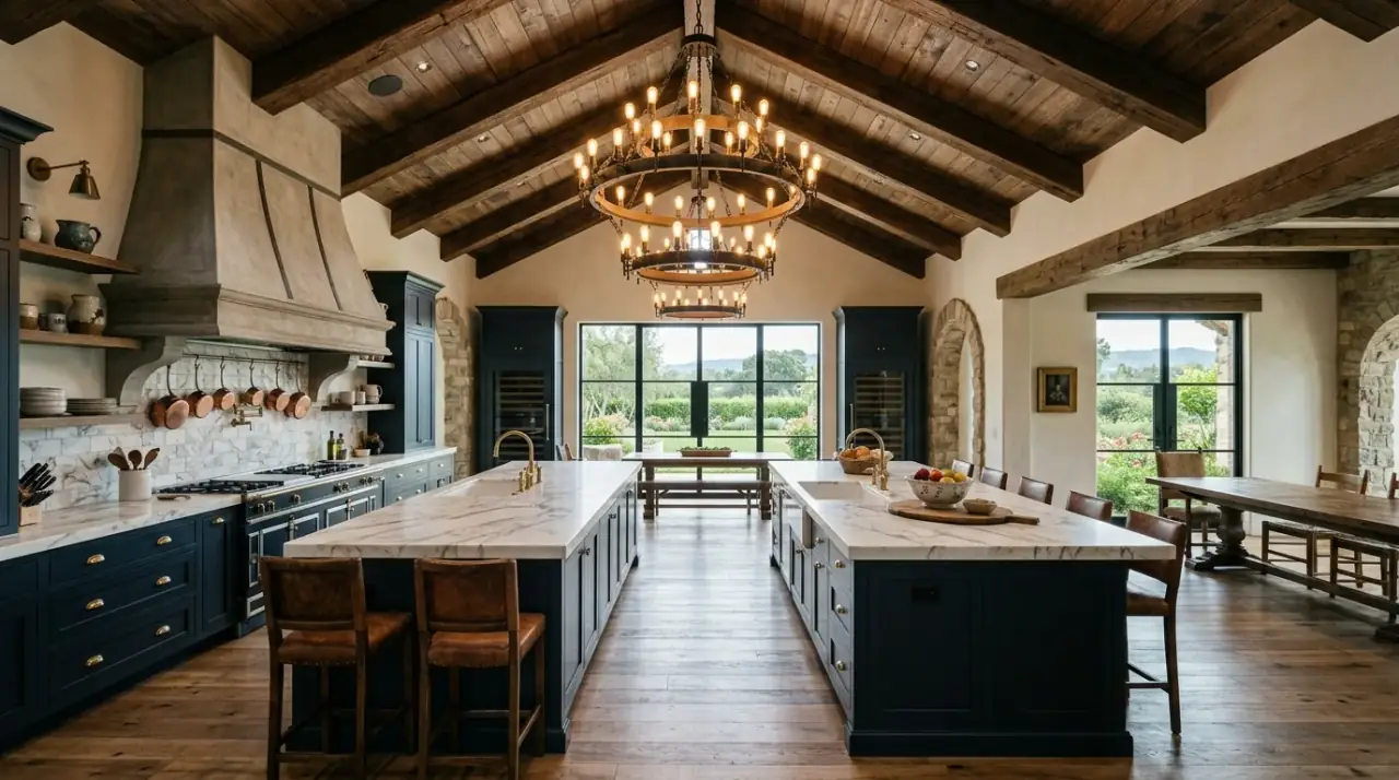 Plaster walls farmhouse kitchen. Soft wall texture complementing wood and stone in a modern farmhouse space.