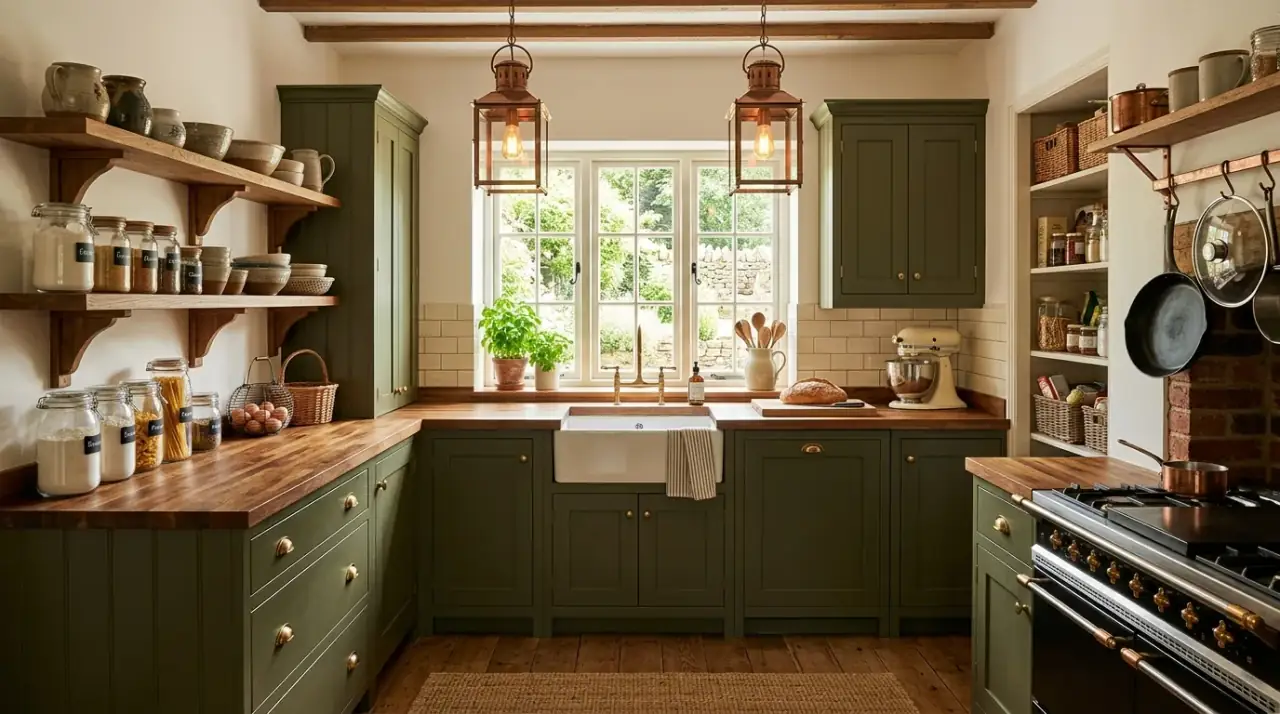 Warm modern farmhouse kitchen overview. Balanced rustic contemporary design creating an inviting and timeless cookspace.