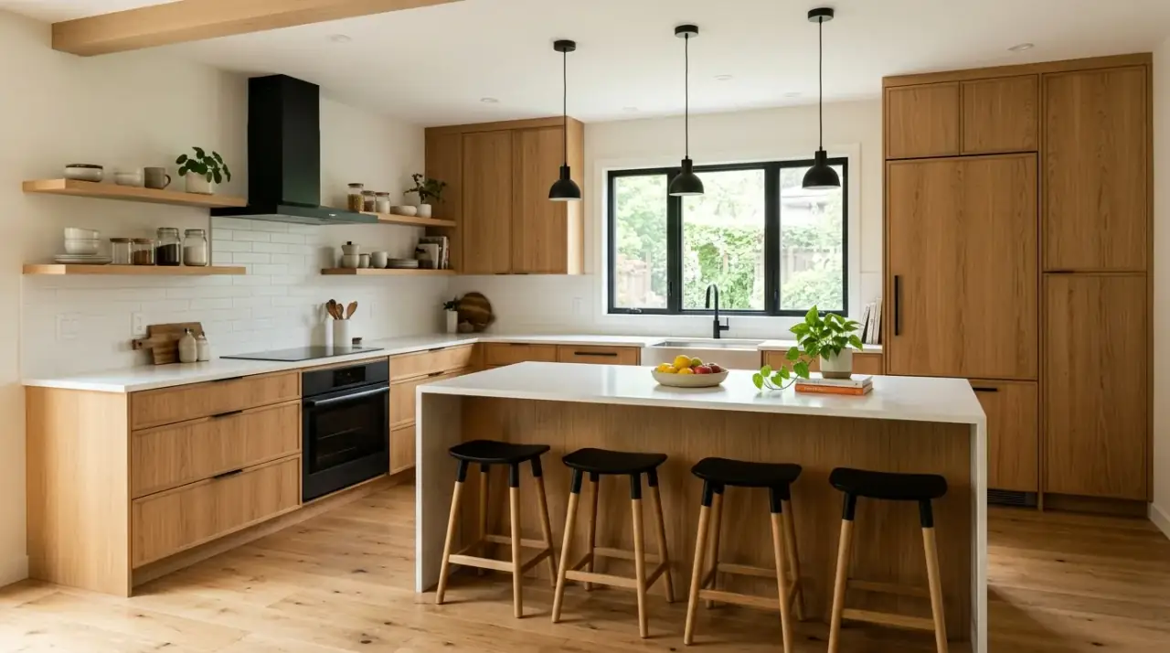 Warm modern wood kitchen using contemporary natural materials and clean modern lines.