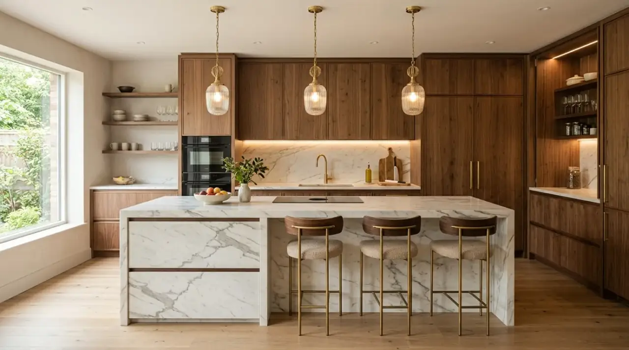Walnut modern wood kitchen. Richer timber cabinetry warming a contemporary natural kitchen palette.