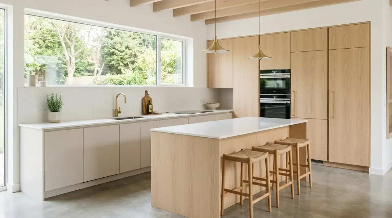 Flat-front wood kitchen cabinets. Clean cabinet lines highlighting natural grain in a modern kitchen.