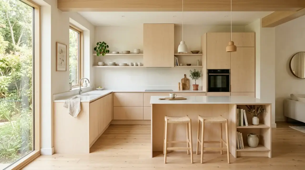 Wood and white contemporary kitchen. Balanced palette combining bright surfaces with natural timber warmth.