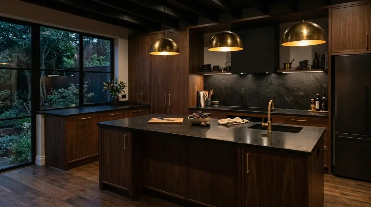 Slatted wood kitchen detail. Vertical timber texture creating a more sculptural modern kitchen.