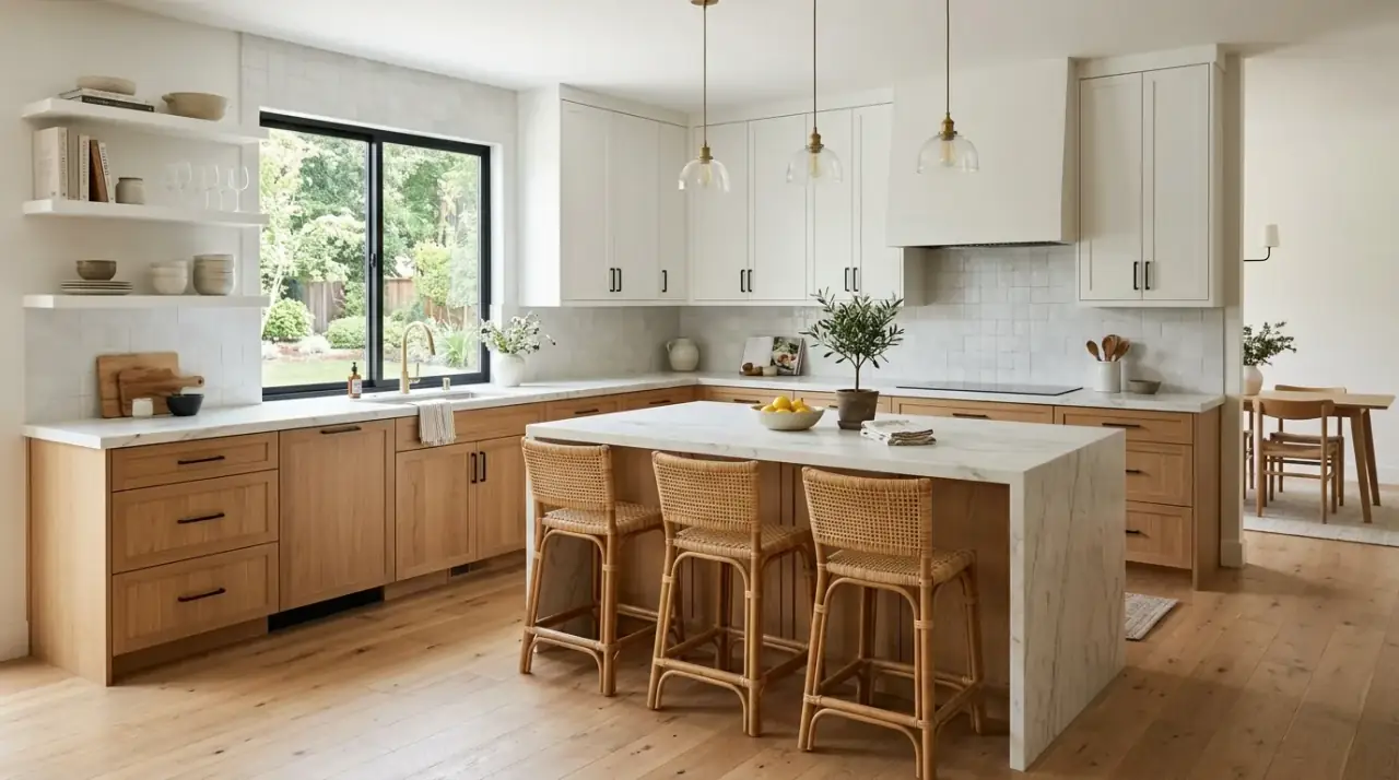 Warm lighting in modern wood kitchen. Layered illumination enhancing natural grain in a contemporary kitchen.