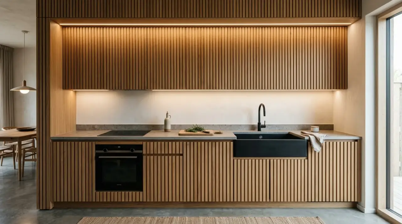 Modern wood kitchen with black accents. Contemporary contrast defining a natural timber kitchen more clearly.
