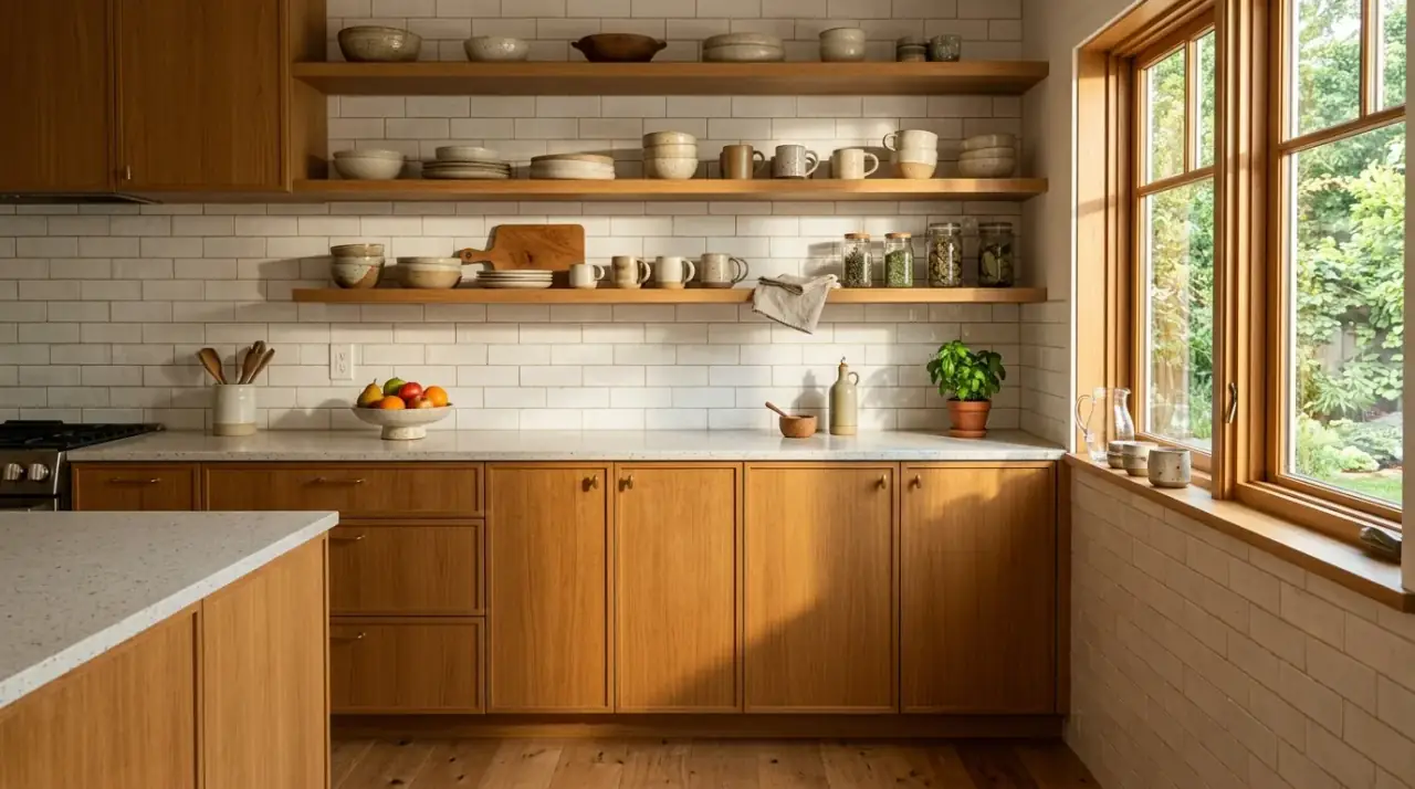 Wood kitchen with plaster-like walls. Soft tactile materials supporting a warm contemporary natural kitchen.