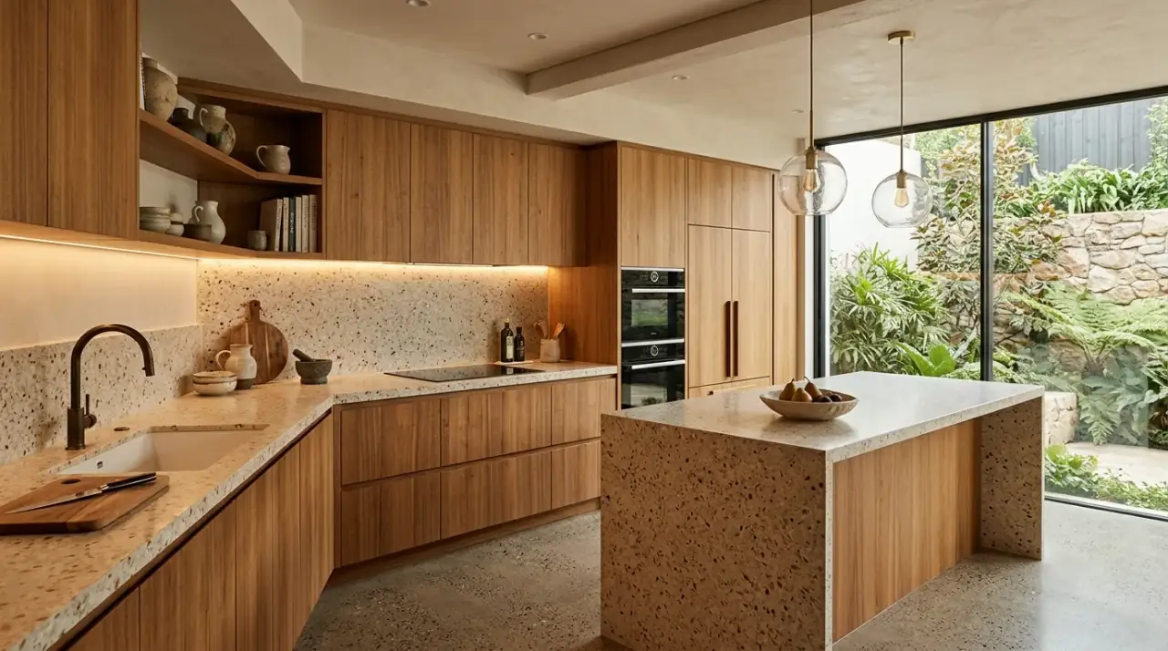 Timber pantry wall with appliances. Integrated kitchen wall using warm wood to soften built-in appliances.
