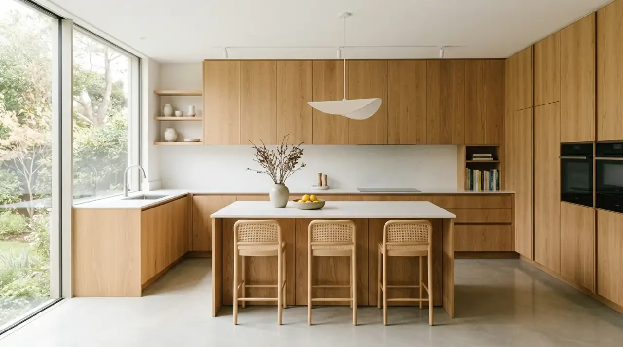 Wood kitchen with pale stone. Light stone surfaces balancing the warmth of natural timber cabinetry.