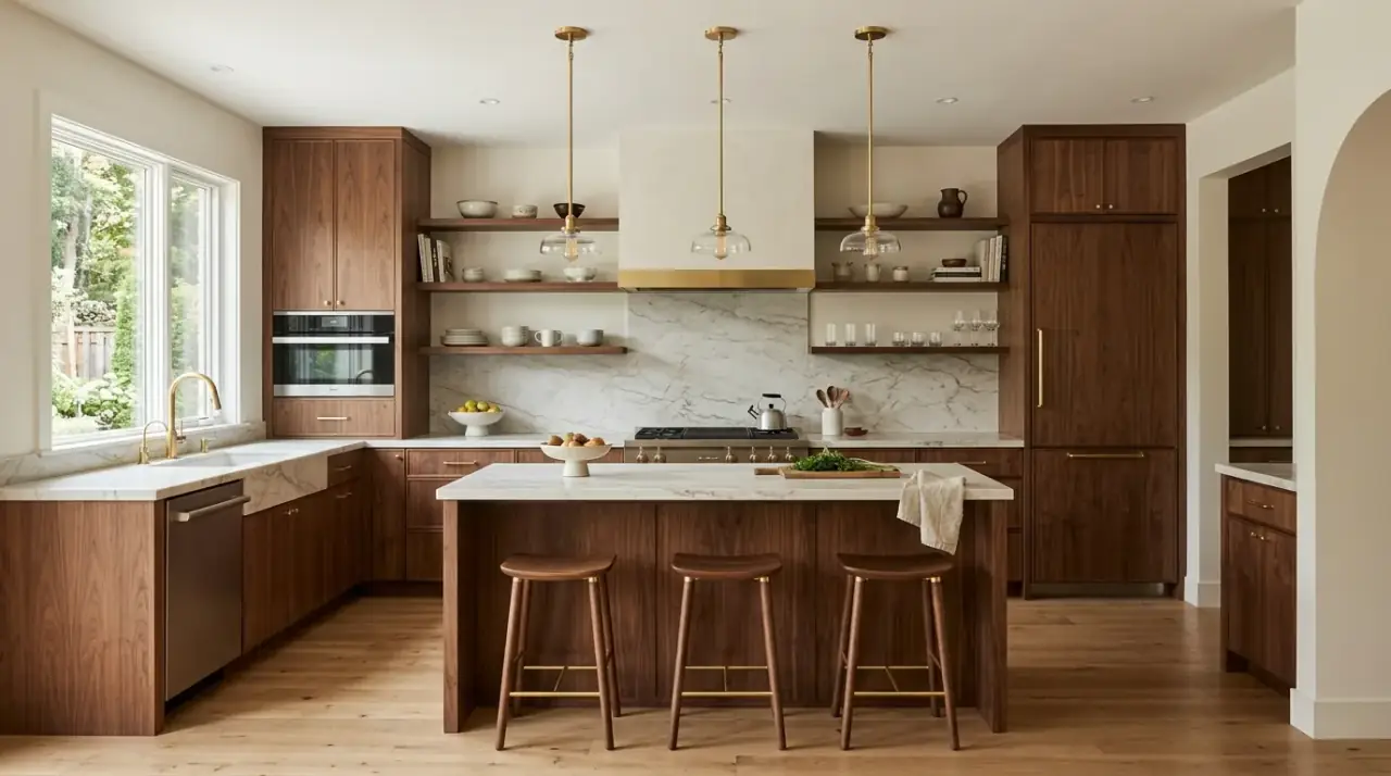 Reeded wood in modern kitchen. Custom timber texture adding refinement to a warm contemporary kitchen.