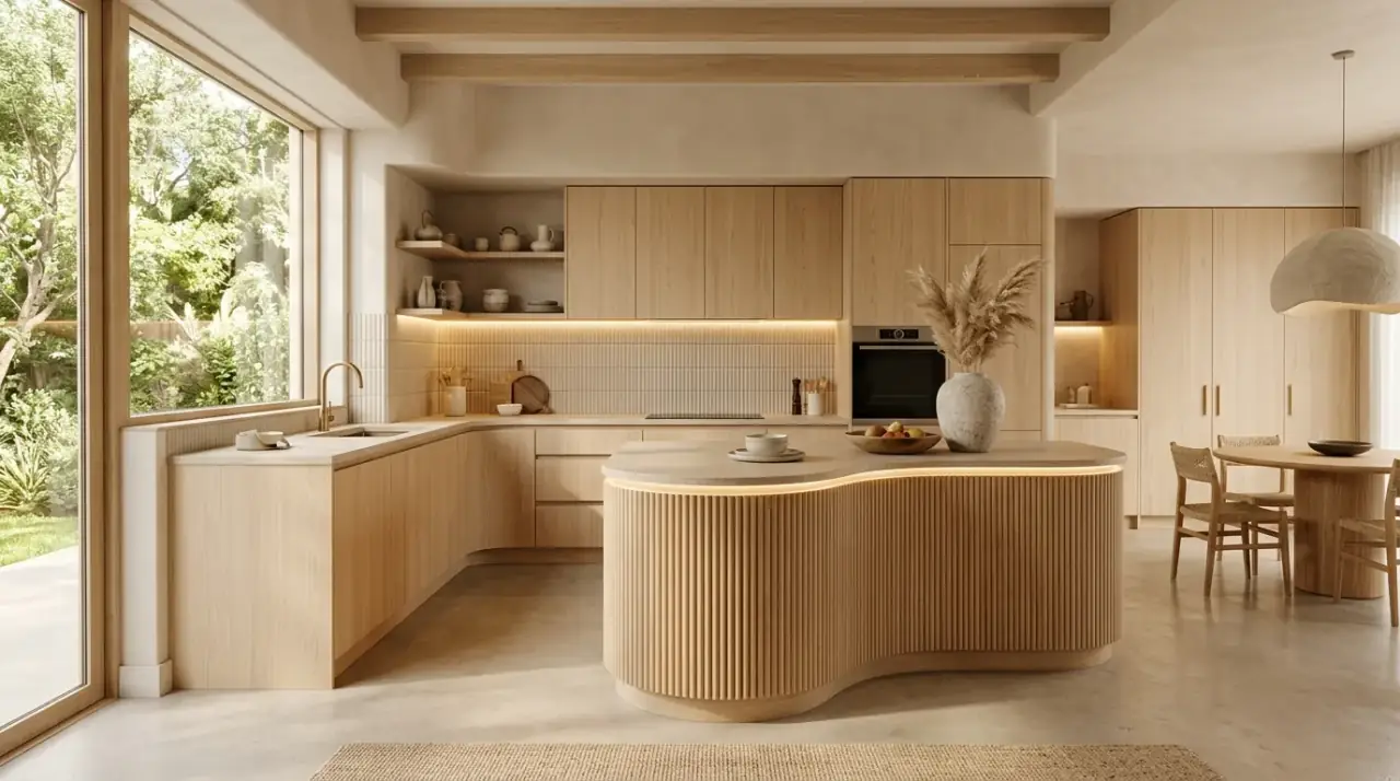 Wood-wrapped breakfast nook kitchen. Cohesive timber palette extending into a warm built-in dining corner.