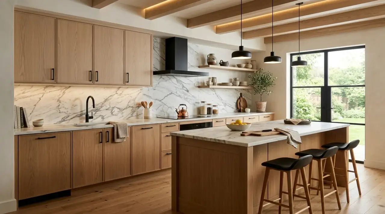 Simply styled modern wood kitchen. Edited decor allowing natural materials to lead the contemporary room.