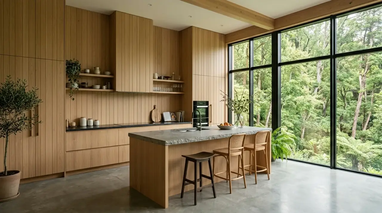 Modern wood kitchen built around natural warmth. Contemporary natural cookspace designed around layered timber and warmth.