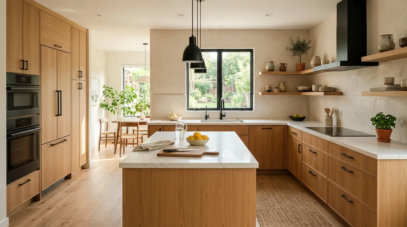 Warm modern wood kitchen with natural organic materials and soft contemporary styling.