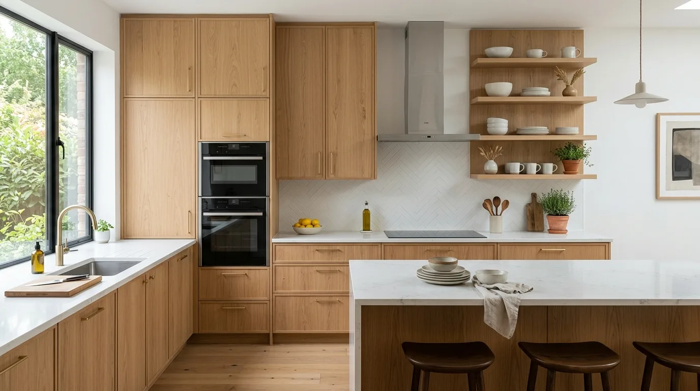 Vertical slatted wood kitchen detail. Textured modern cabinetry in a natural organic kitchen.