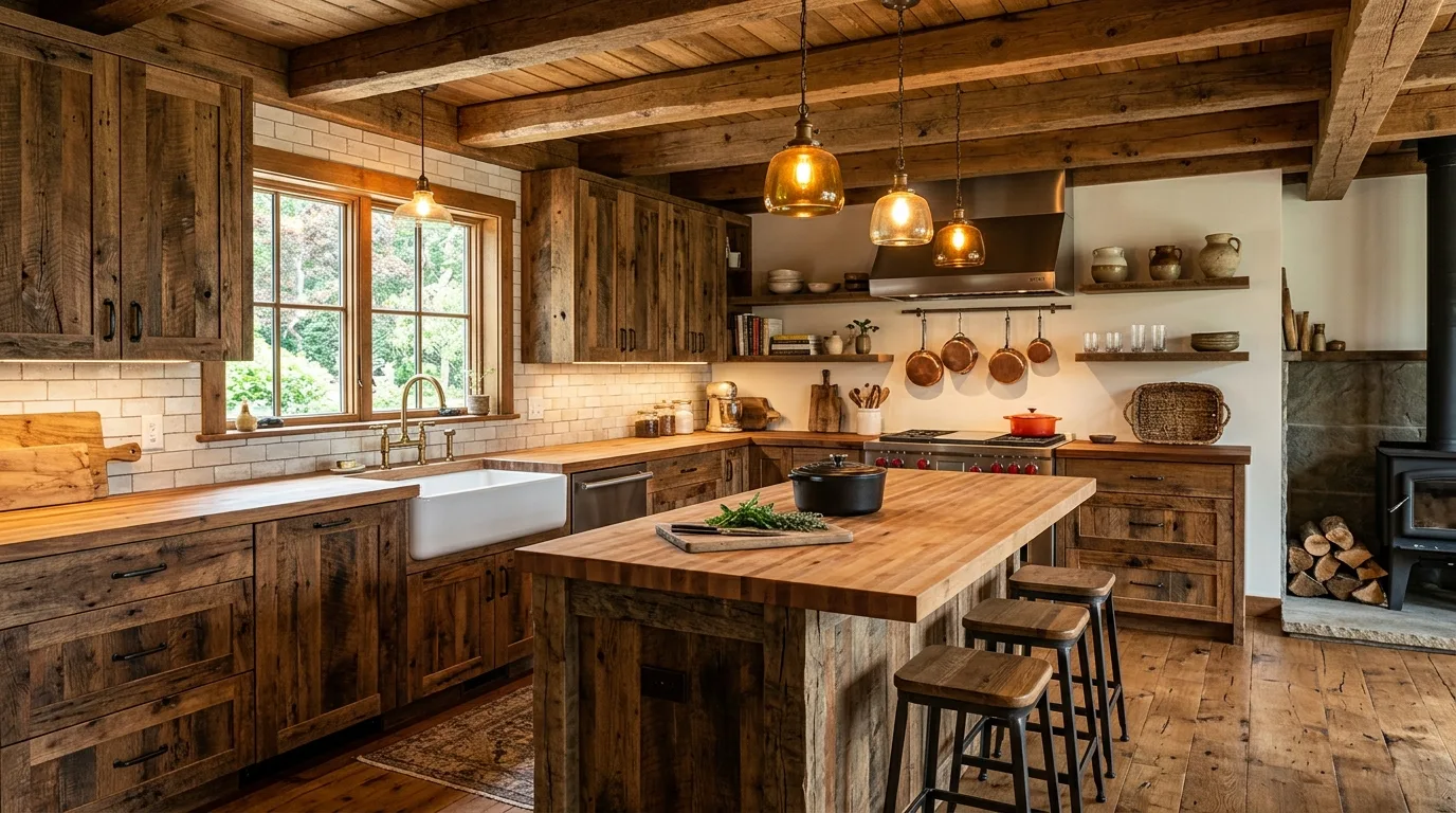 Wood and white modern kitchen. Airy organic aesthetic with natural timber and bright surfaces.