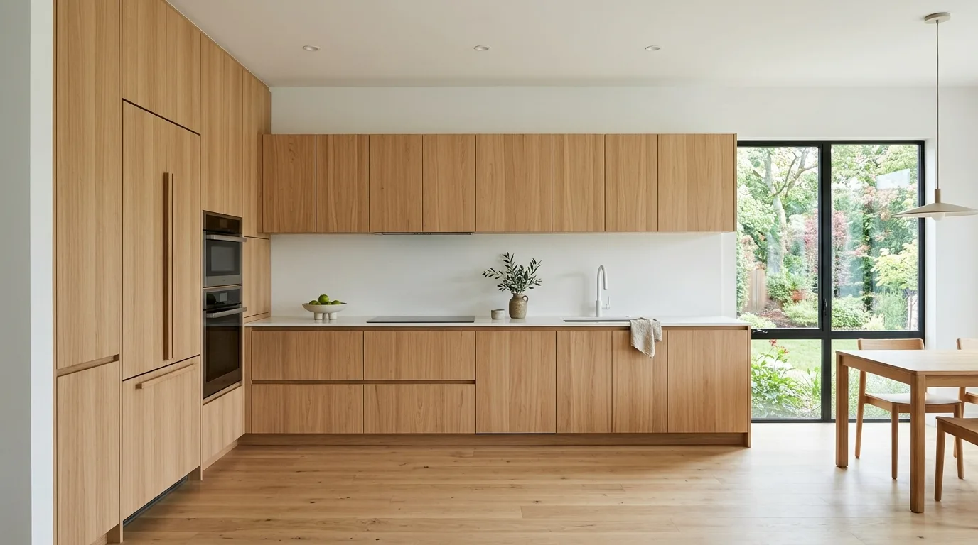 Wood island in minimal modern kitchen. Natural focal point inside a warm contemporary cookspace.